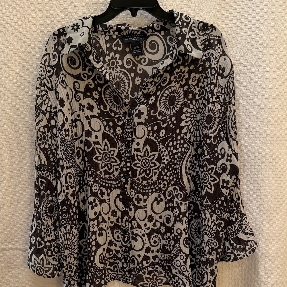 Chic Brown and White Patterned Women's Blouse